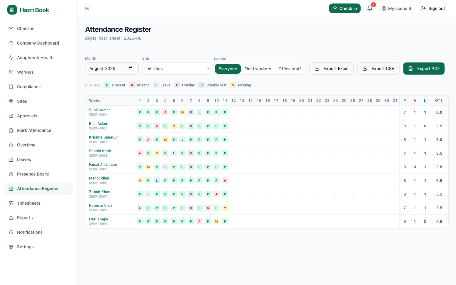 Hazri Book attendance register